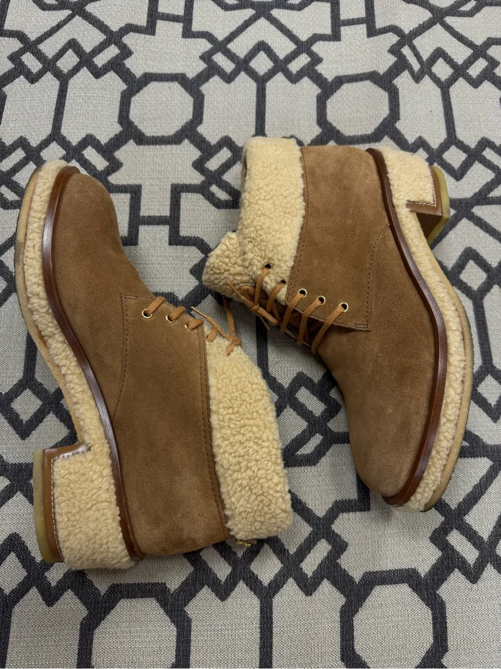 Chanel Shearling Suede Lace-Up Calfskin Ankle Boots CC Logo Brown Beige 41/10